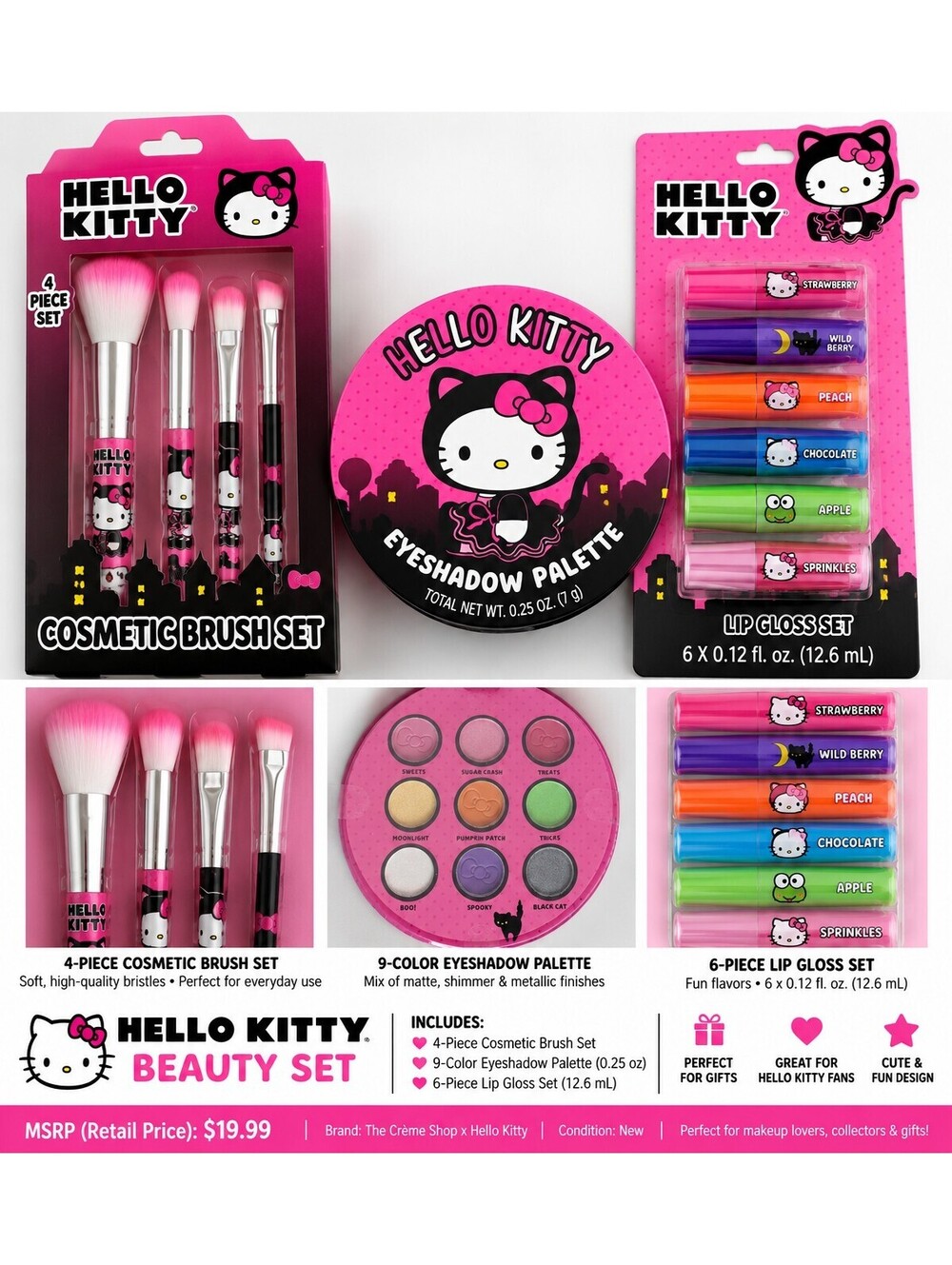 Hello Kitty Beauty Bundle 3-Pc Makeup Brushes Eyeshadow Lip Gloss-Limited Qty!